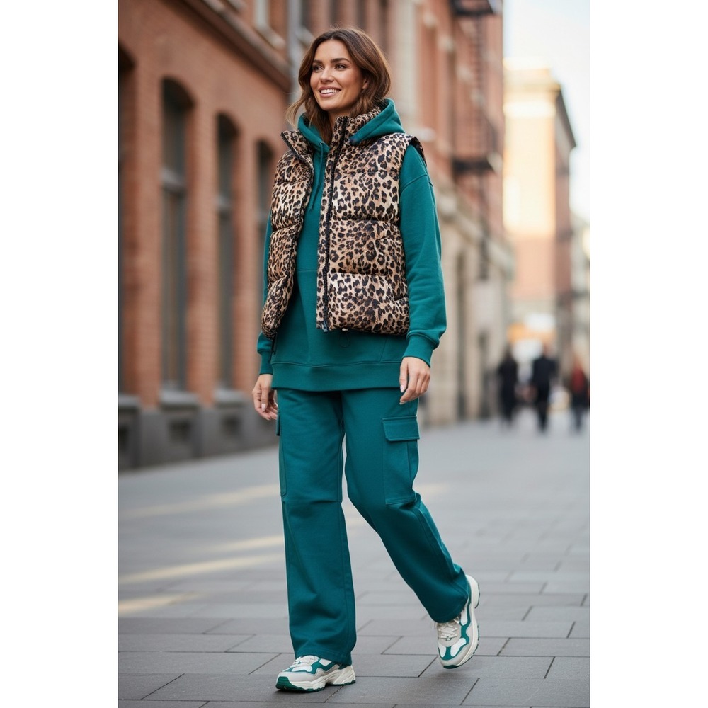 NWT Almost Famous Puffer Vest M Brown Cheetah Neutral Layer Capsule Gorpcore y2k